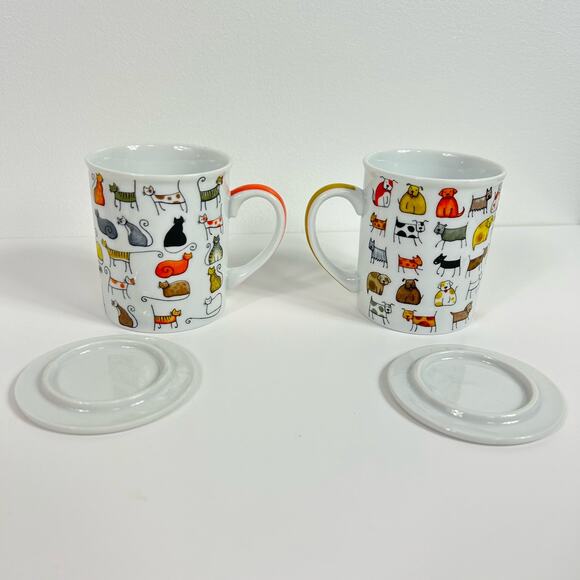 ChaCult Fine Porcelain Matching Cat & Dog Tea Cups Mugs with Lids Set of 2 - Picture 4 of 6